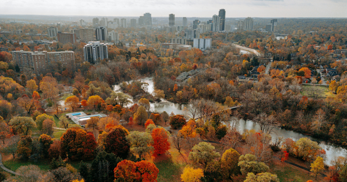 Aerial shot of London, Ontario with fall colours